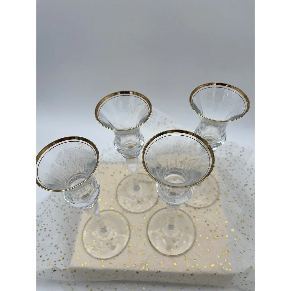 Unbranded Crystal Candle Holder Set 4 Clear Gold Rim Excellent Tapered Stem 8in